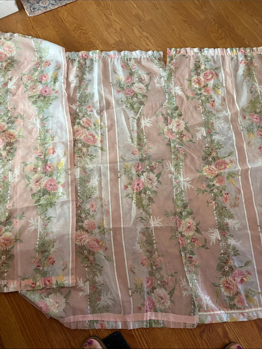 Floral Blush Pink Stripe Curtain Panel - Romantic Drapery